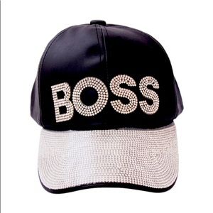 Black Faux Leather  Rhinestone Brim Boss  Cap